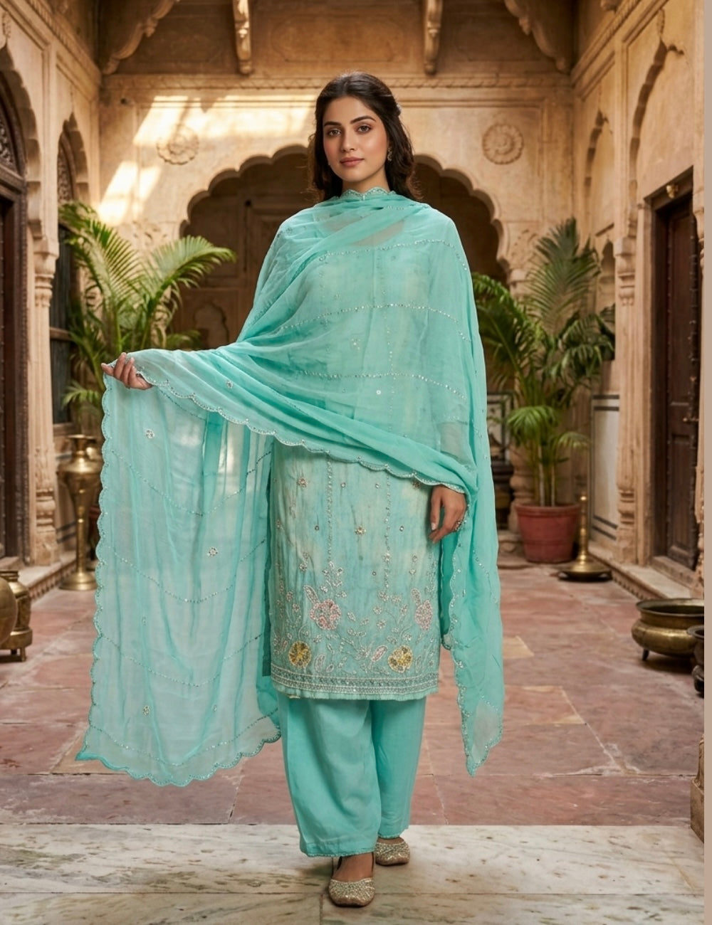 Shimmer Silk Embellished Designer Unstitched Salwar - Pastel Green