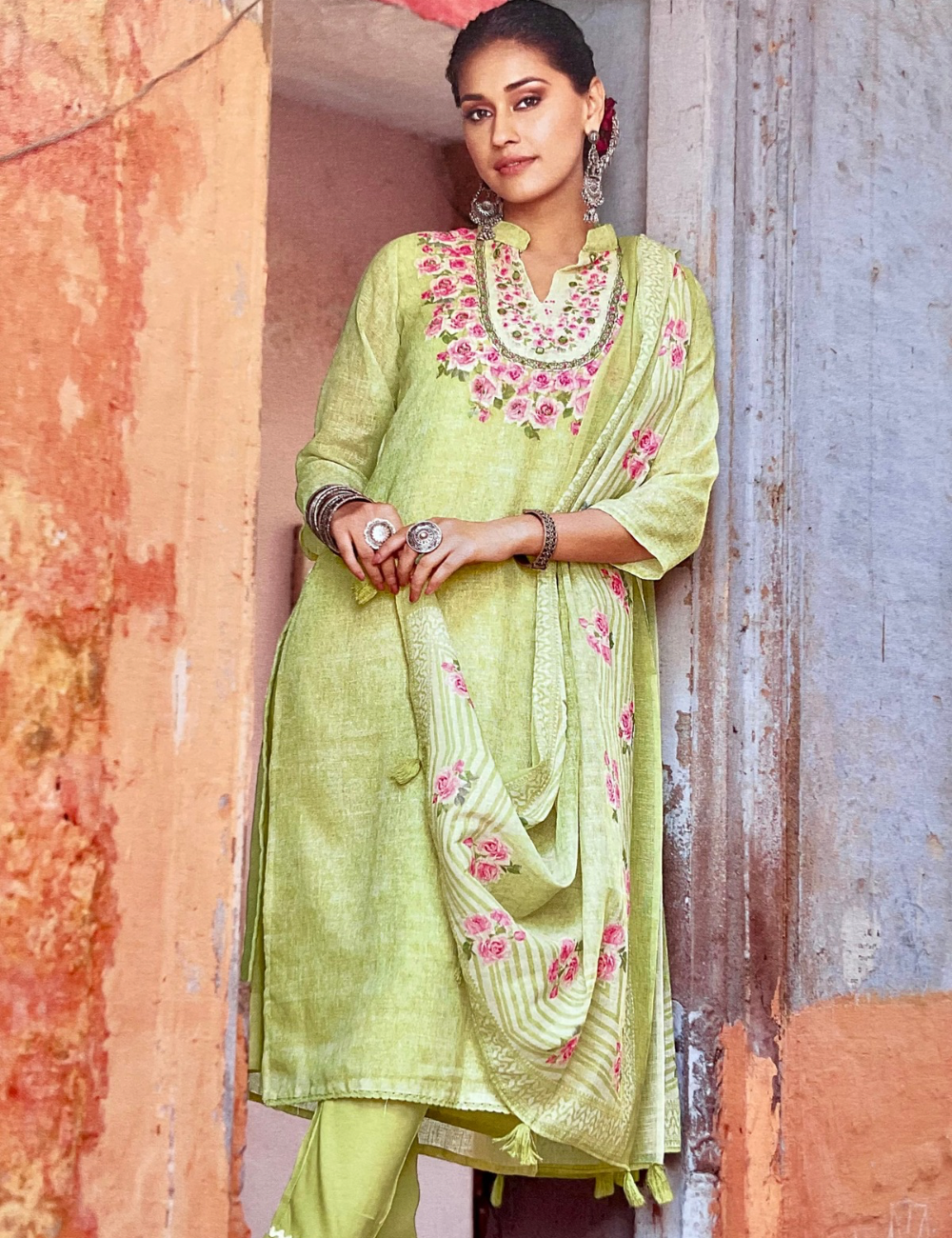 Linen Cotton Floral Printed Designer Unstitched Salwar - Light Green