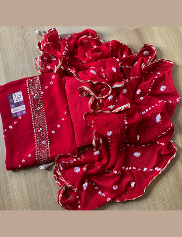 Bandhini Printed Muslin Silk Designer Unstitched Salwar with Gota Lace - Red