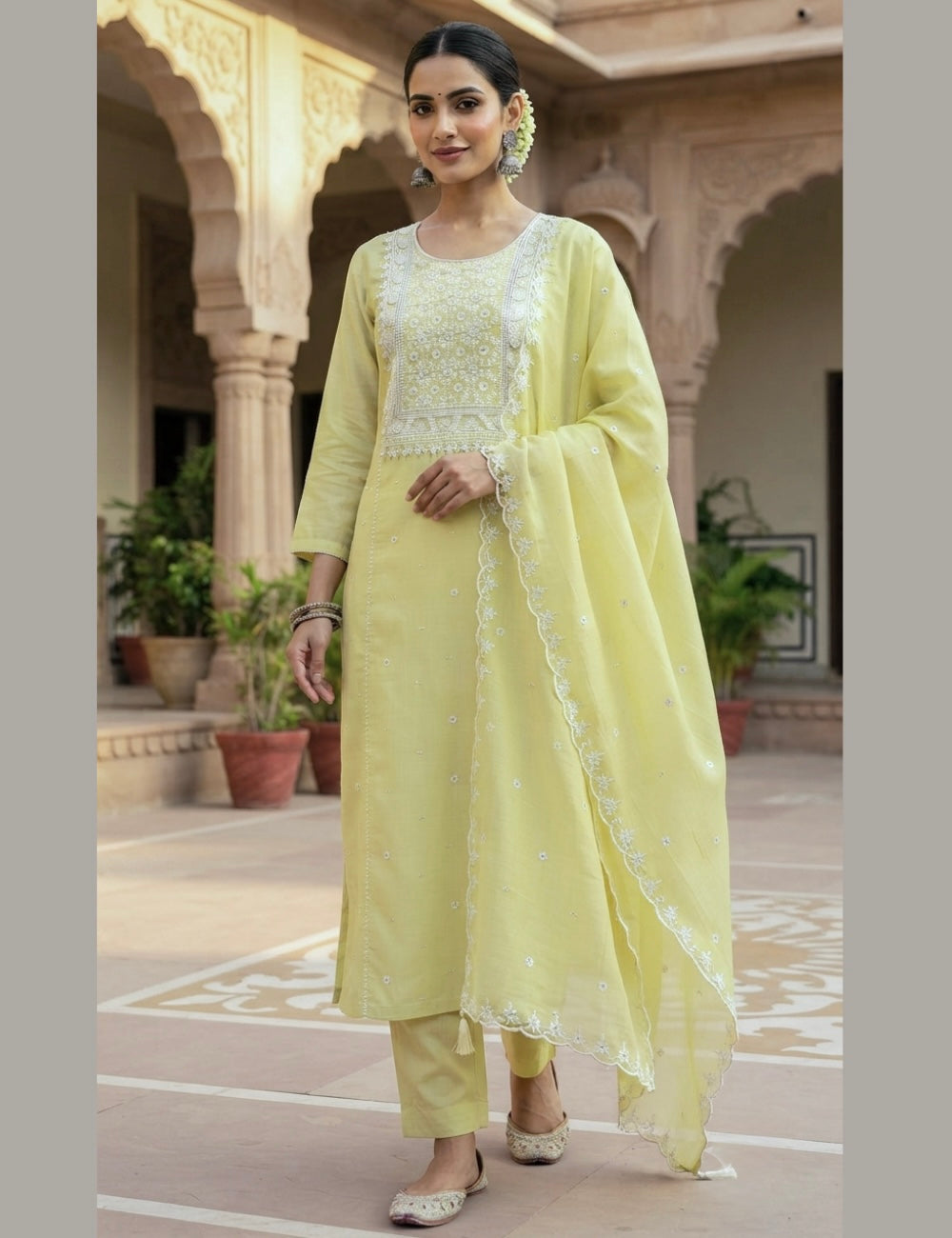 Designer Muslin Silk Unstitched Salwar - Lemon Yellow