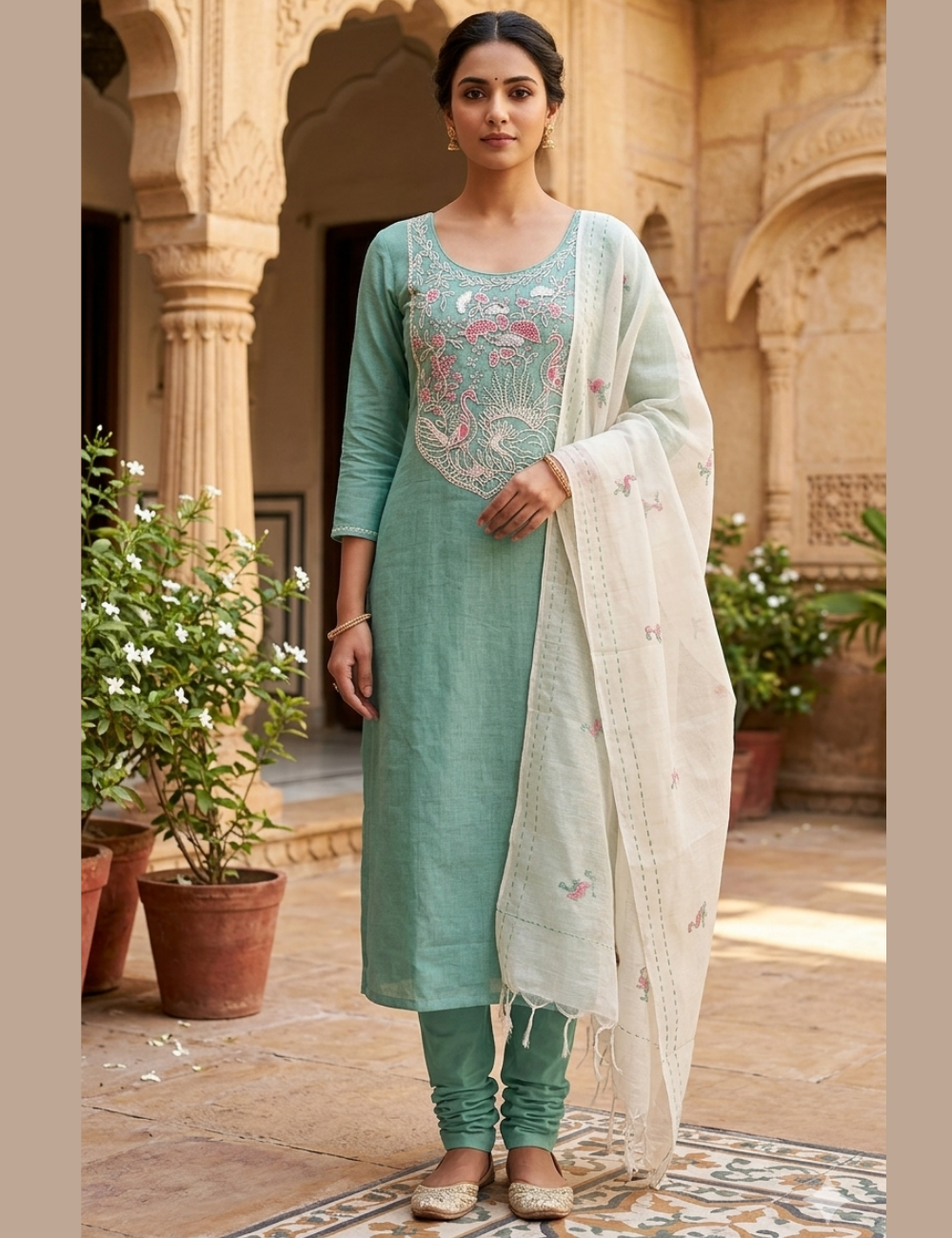 Bird Embroidery Designer Cotton Unstitched Salwar - Pastel Green