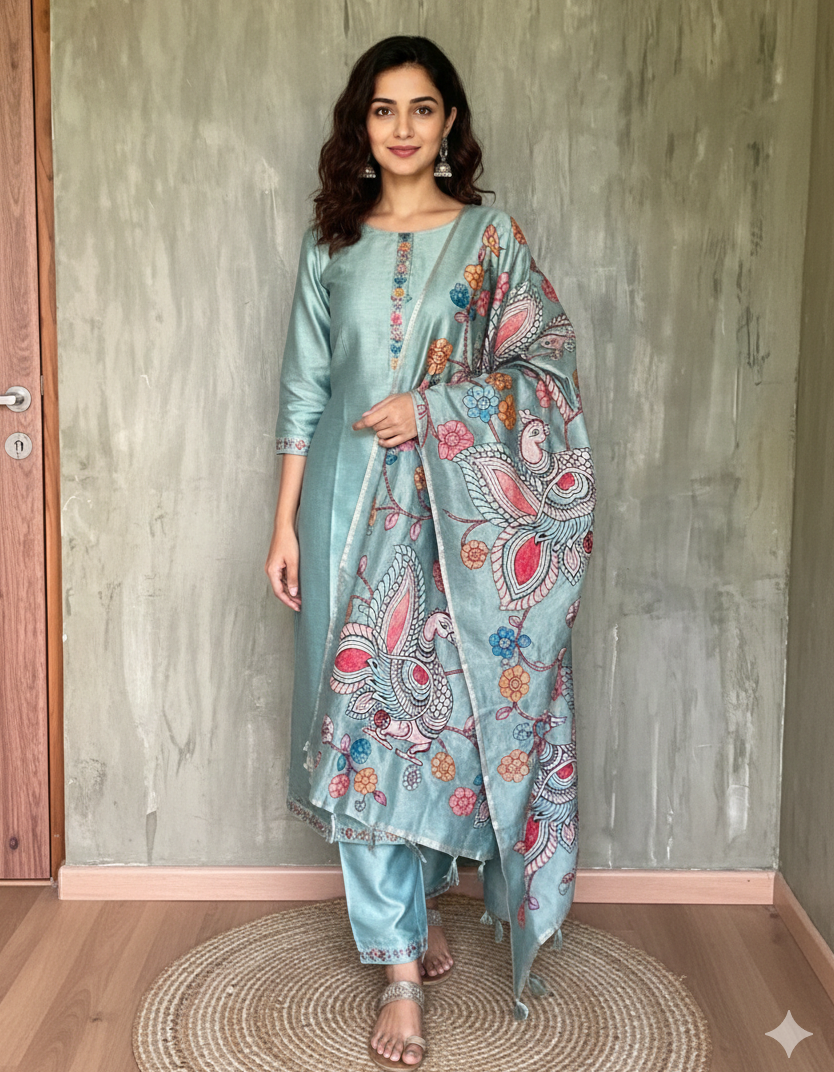Tissue Silk Kalamkari Patchwork Designer Unstitched Salwar - Turquoise Blue