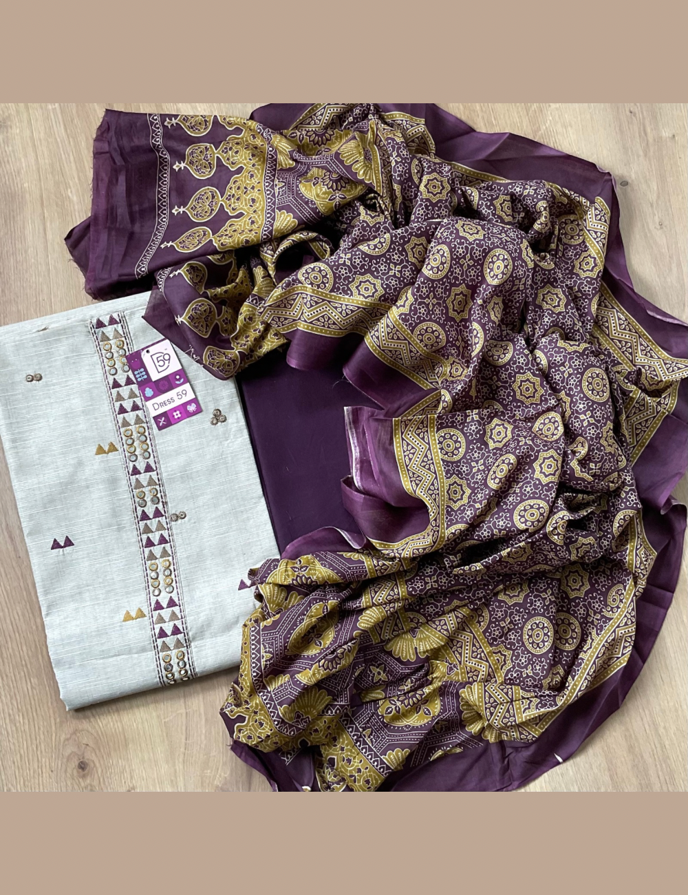 Khadhi Cotton Unstitched Salwar with Bandhini Cotton Dupatta - Beige