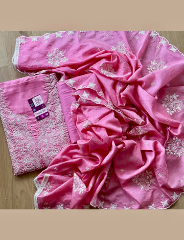 Soft Mulberry Silk Designer Unstitched Salwar with Pearl Work - Pink