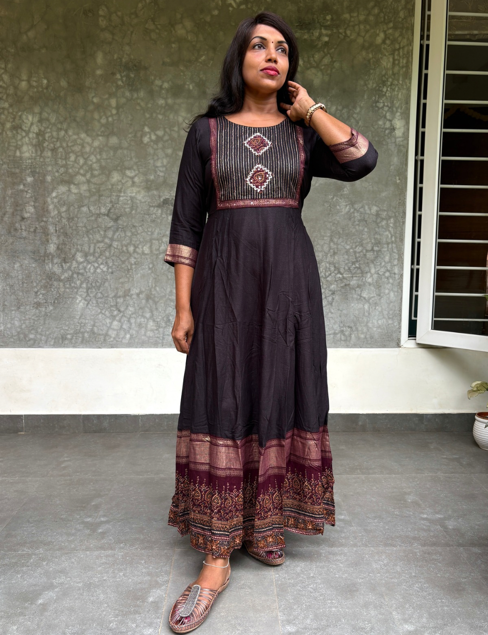 Rayon Cotton Full Flaired Designer Maxi Dress - Black