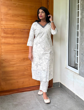 Cotton Silk Pearl Worked Casual Kurta Set - White