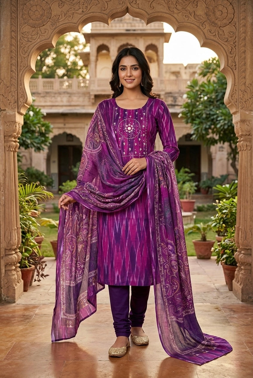 Ikat Cotton Pearl Worked Unstitched Salwar - Dark Purple