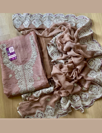 Crushed Shimmer Organza Embellished Designer Unstitched Salwar - Brown