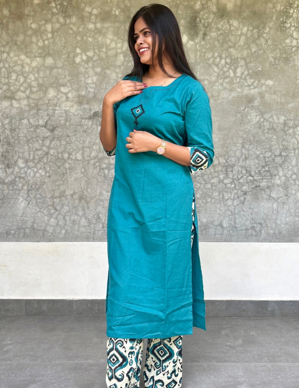 Budget Friendly Cotton Casual Wear Kurta set with Ikat Bottom - Teal Blue