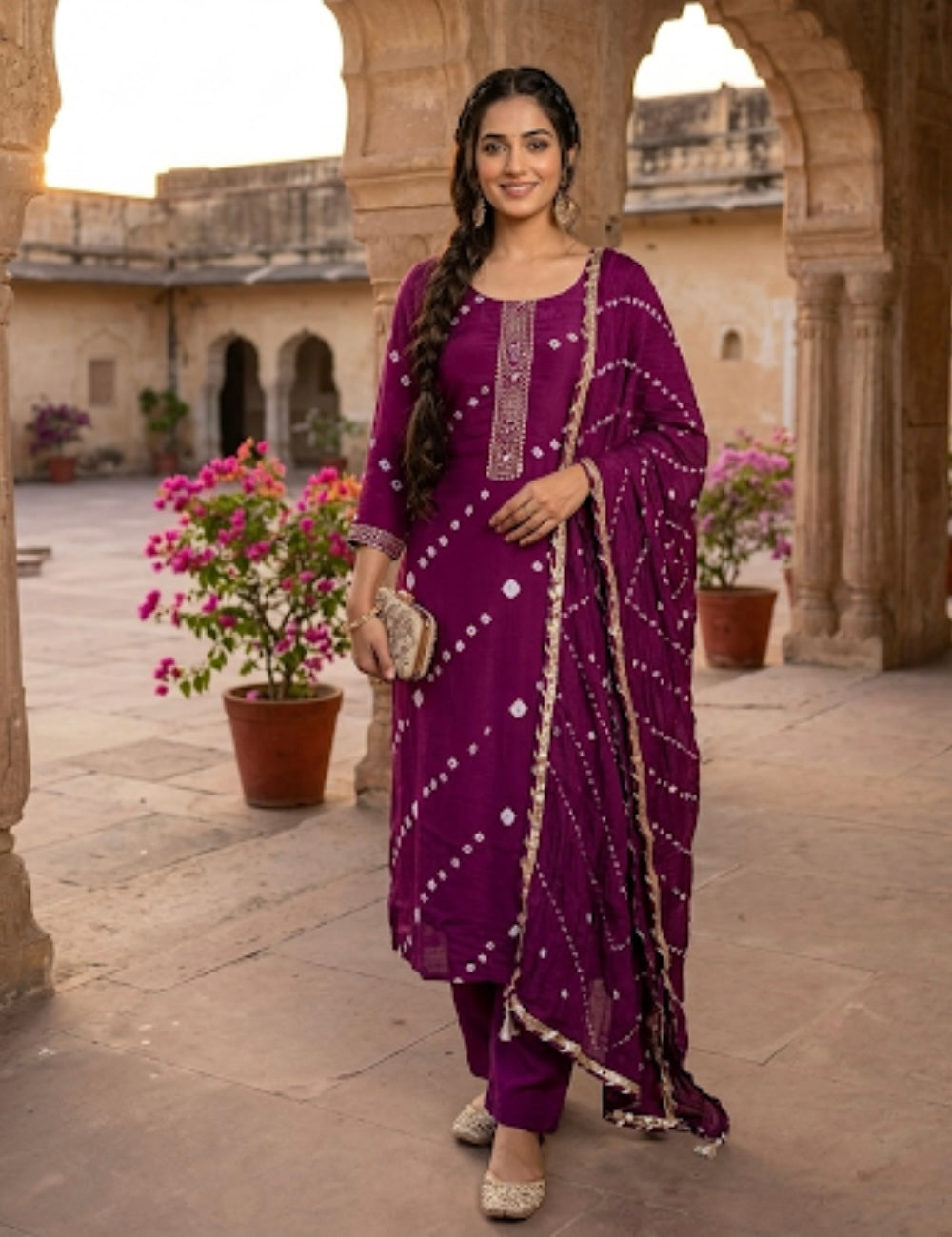 Bandhini Printed Muslin Silk Designer Unstitched Salwar with Gota Lace - Dark Purple