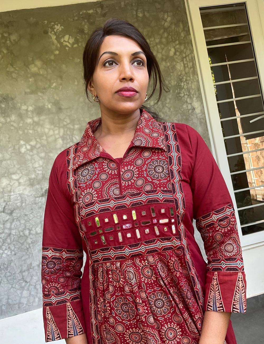 Ajrakh Printed Cotton Midi Style Dress with Collar Neck -Maroon Red