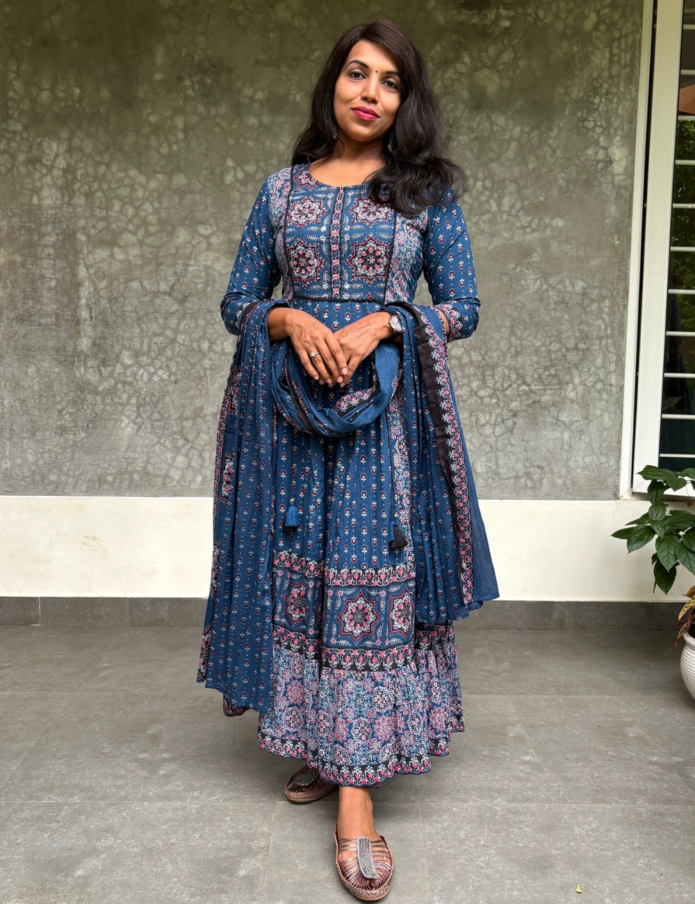 Soft Cotton Hand Block Printed Full Flaired Anarkali Kurta Set - Indigo Blue