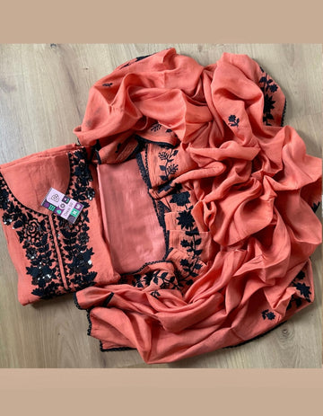 Muslin Silk Floral Bead Worked Designer Unstitched Salwar - Orange