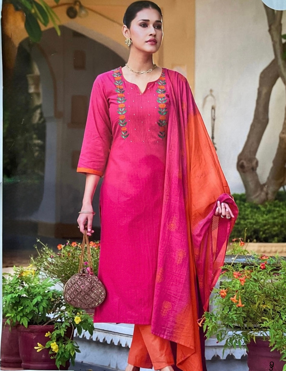 Floral Embroidered Cotton Designer Unstitched Salwar - Rani Pink