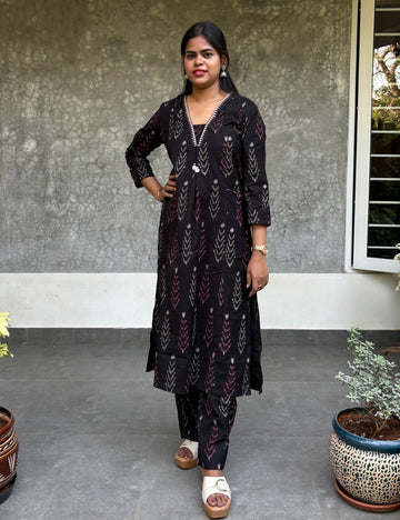 Ikat Cotton Aline Kurta Set - Black