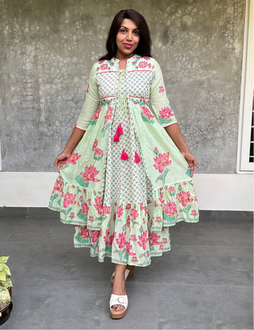 Floral Printed Layered Designer Maxi Dress - Pastel Green