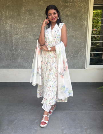 Mul Mul Cotton Floral Printed A-line Kurta Set - White