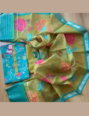 Kota Silk Designer Unstitched Salwar with Bird Prints - Rama Blue