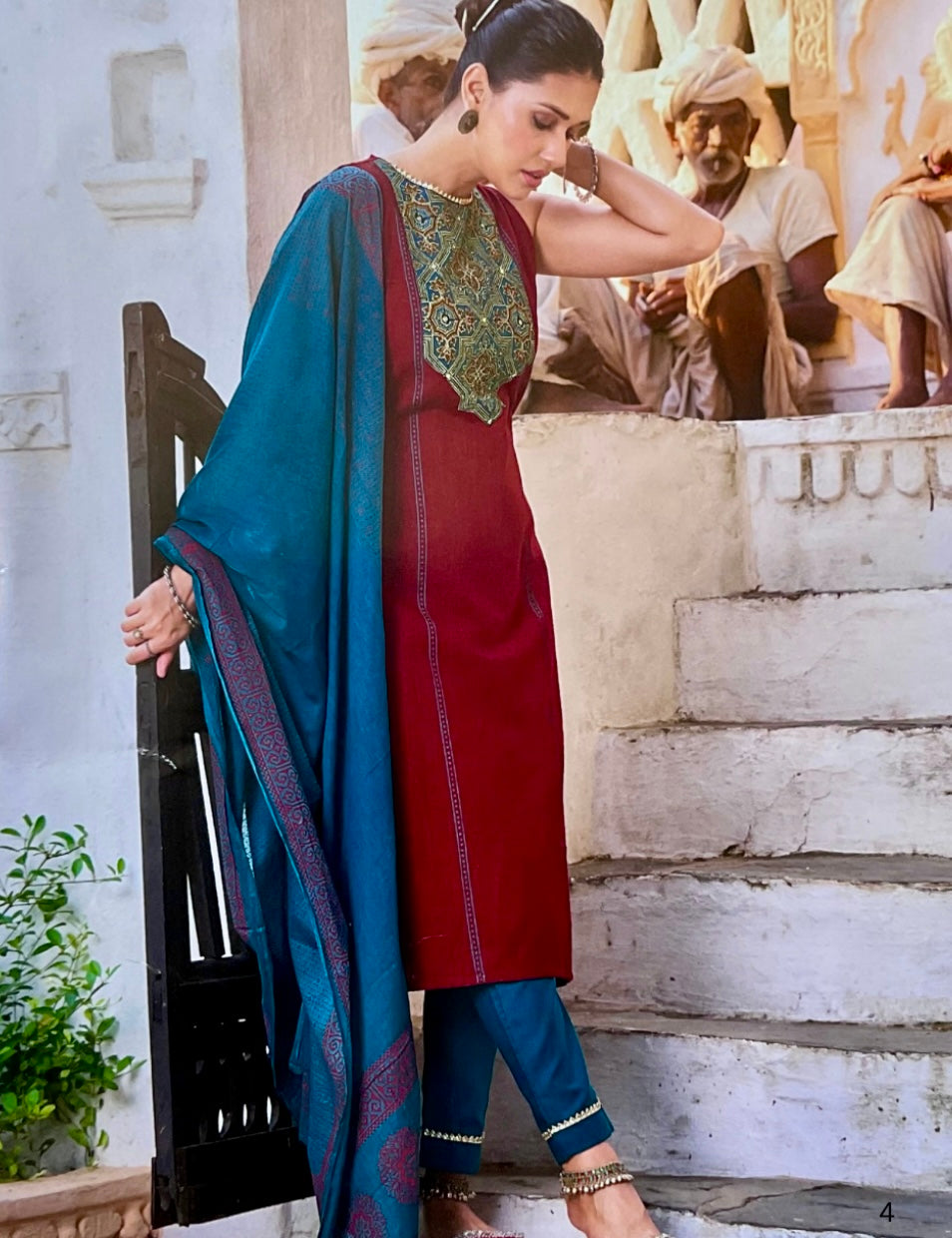 Kalamkari Patch Worked Cotton Unstitched Salwar - Red