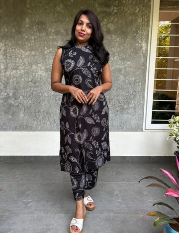 Rayon Cotton Floral Printed Casual Kurta Set - Black