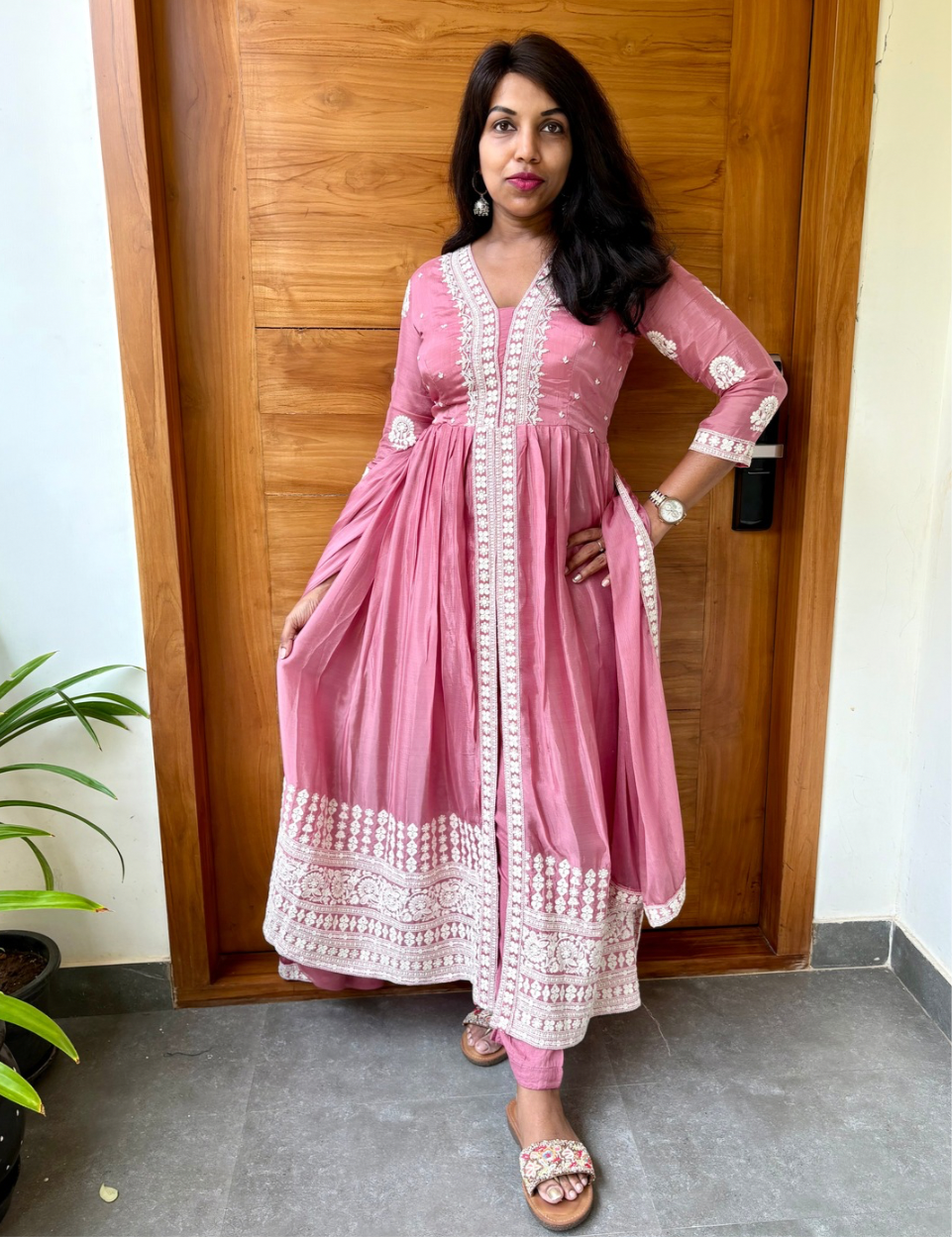 Dola Silk Front Slit Designer Kurta Set with Pearl Work - Onion Pink