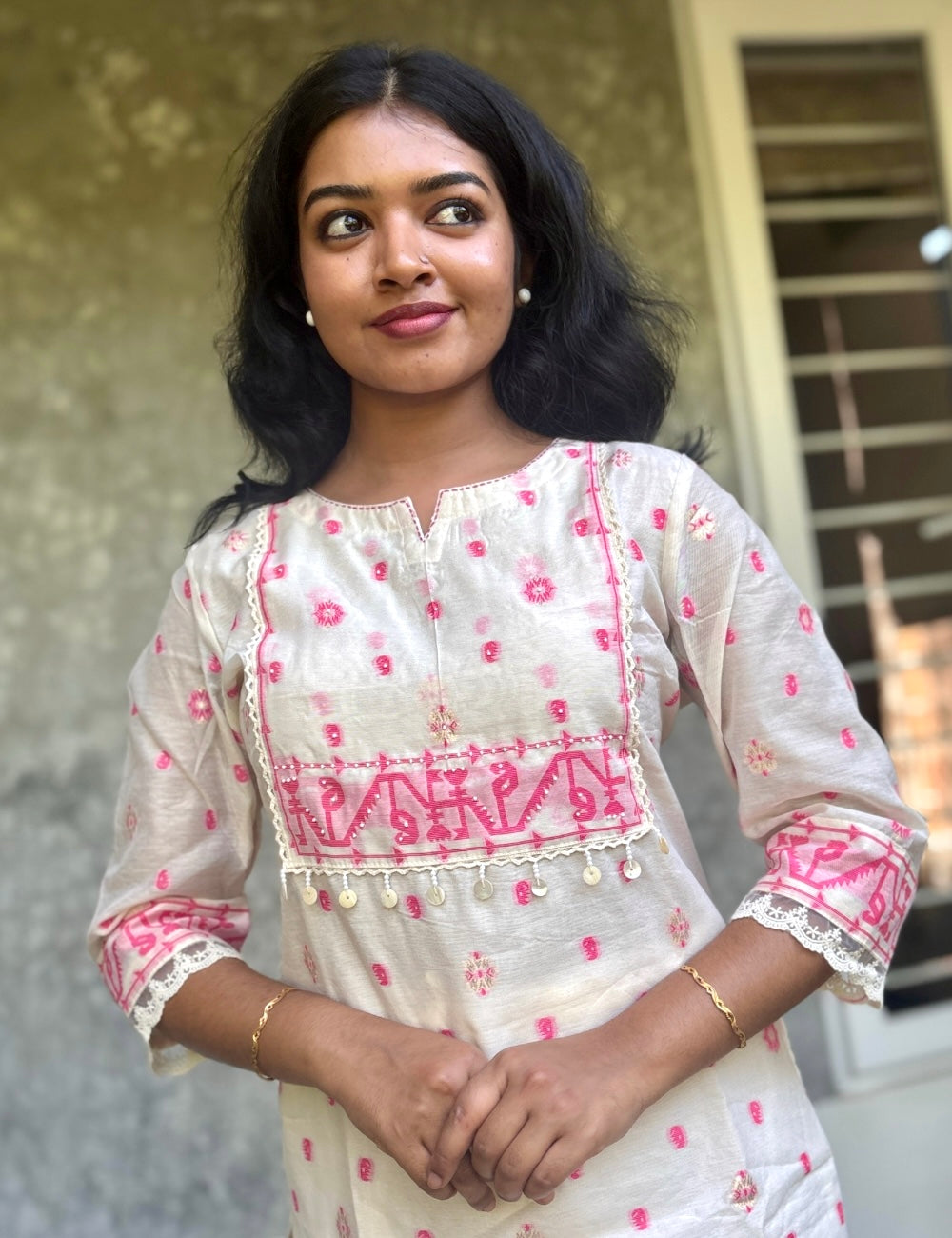 Jamdhani Cotton Straight Cut Designer Kurta Set - White with Pink