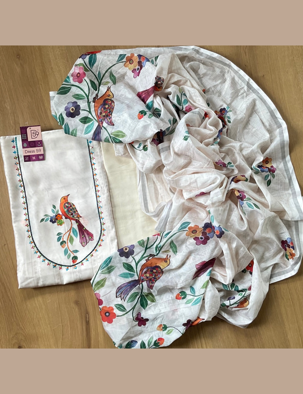 Chanderi Silk Designer Unstitched Salwar with Floral and Bird Design - White