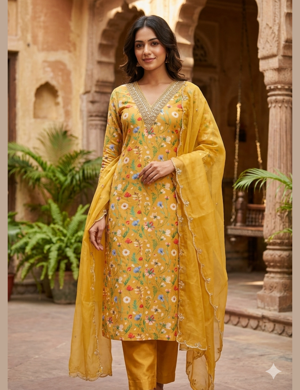 Muslin Silk Floral Printed Designer Unstitched Salwar - Mustard