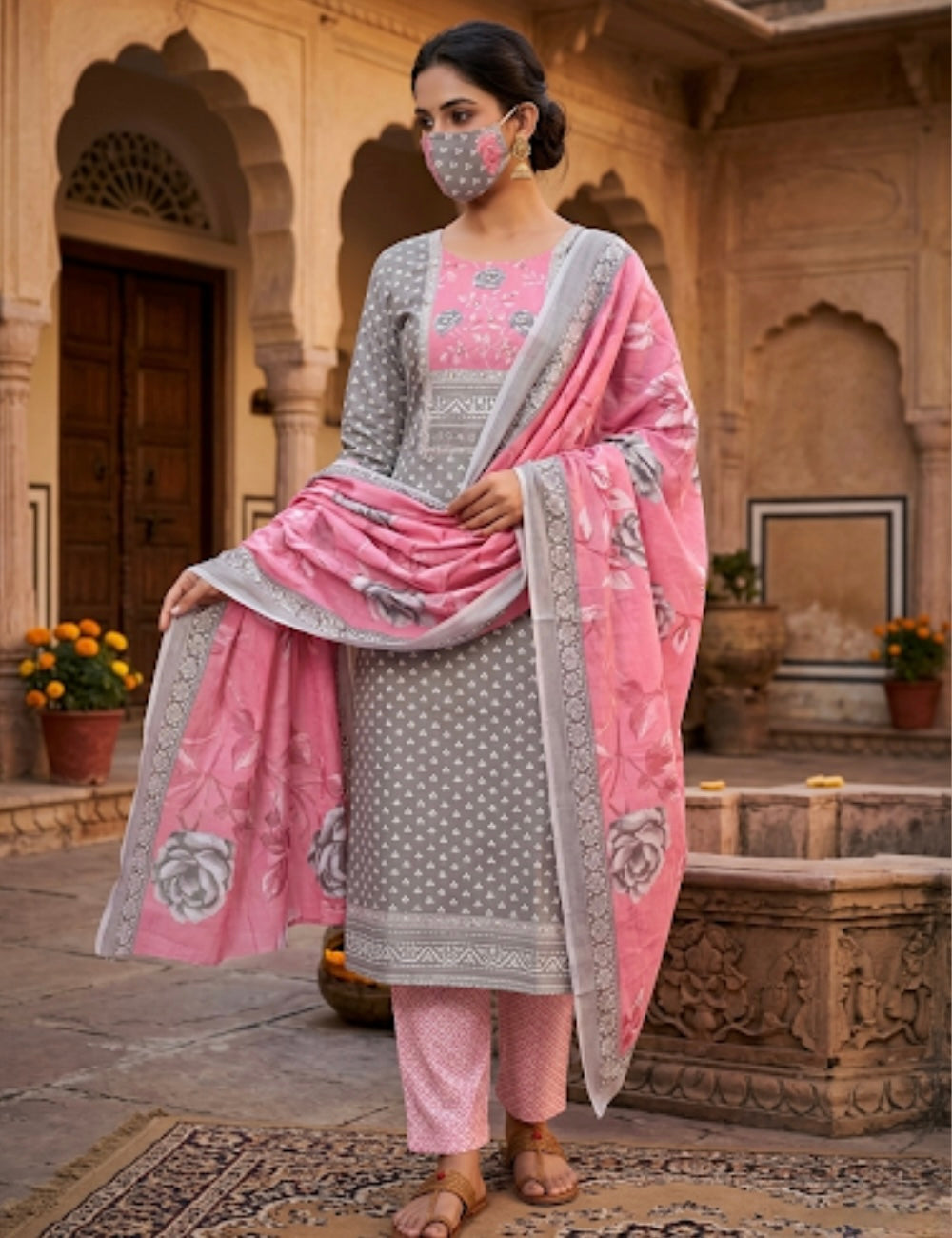 Soft Cotton Printed Unstitched Salwar - Grey