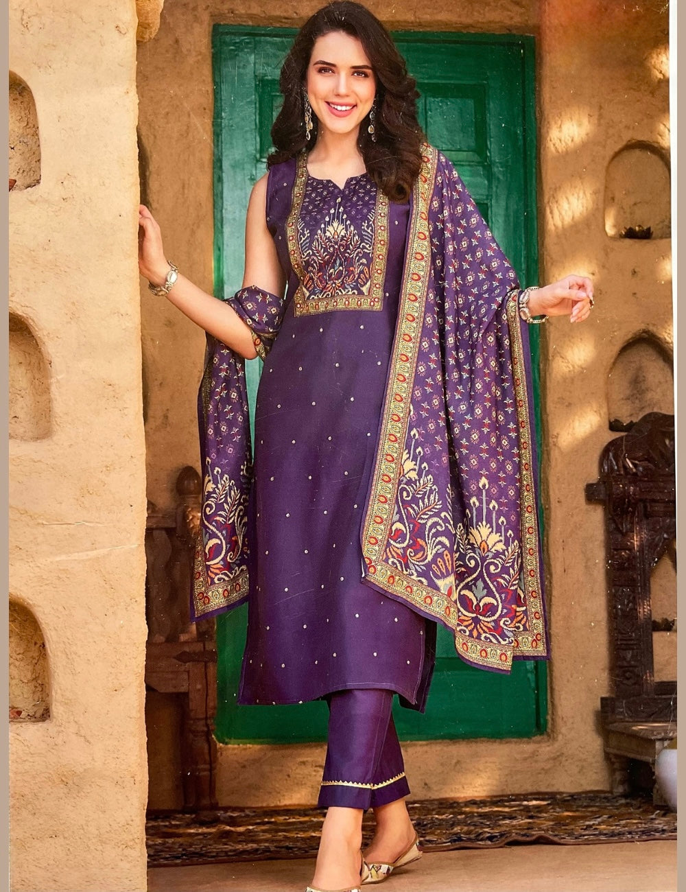 Muslin Silk Ethnic Printed Designer Unstitched Salwar - Dark Purple