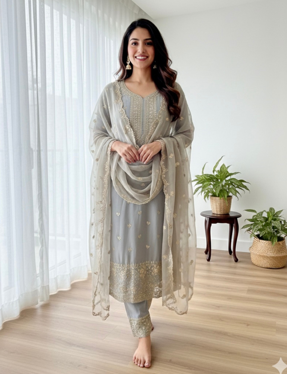 Muslin Silk Silver Thread Worked Designer Unstitched Salwar - Light Grey