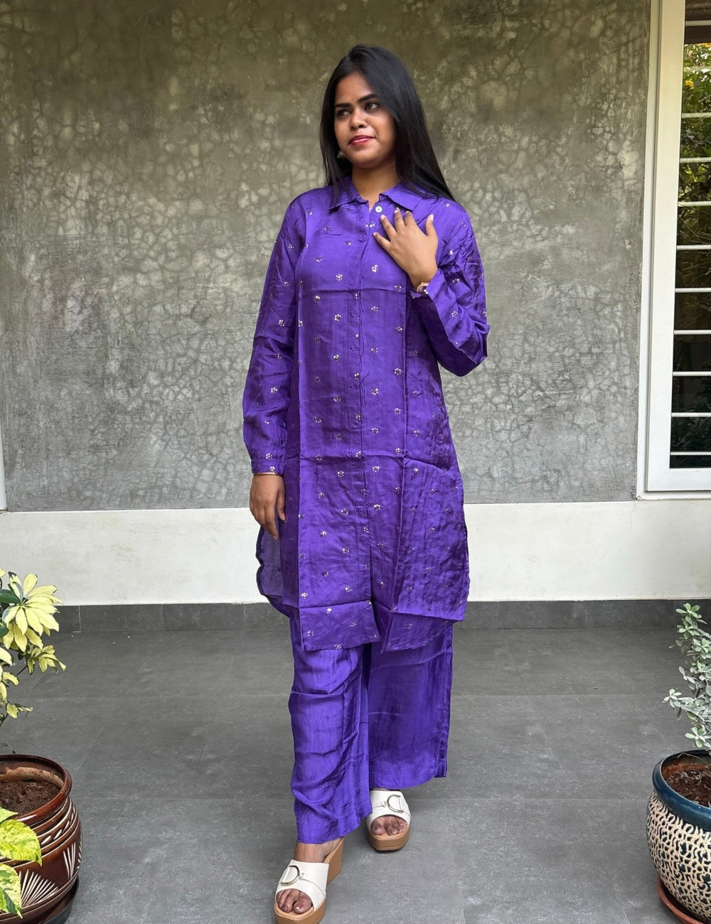 Muslin Silk Embellished Designer Coord Set -Dark Purple