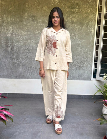 Sunflower French Knotted Cotton Coord Set - Beige