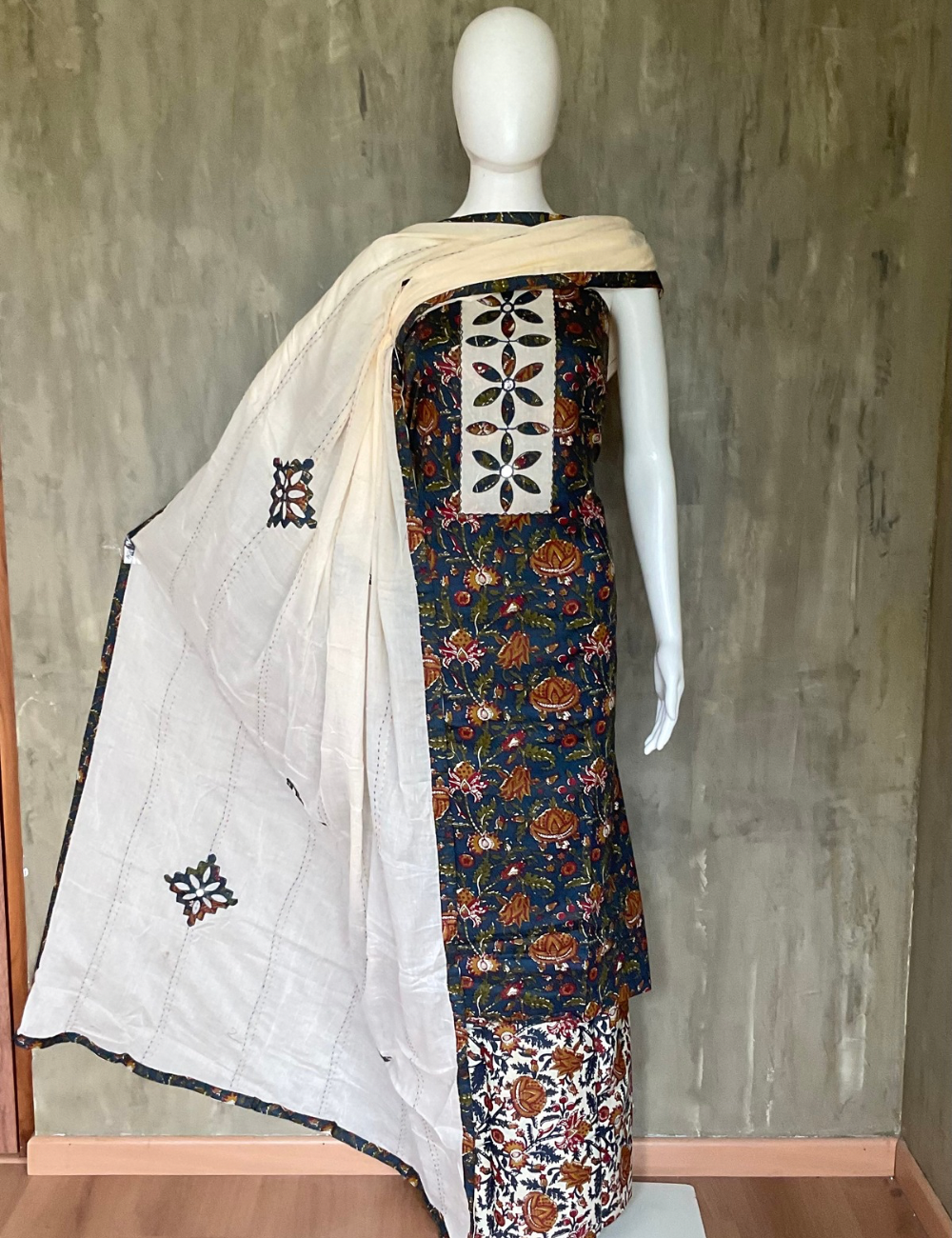 Kalamkari Cotton Patchwork Unstitched Salwar - Dark Blue