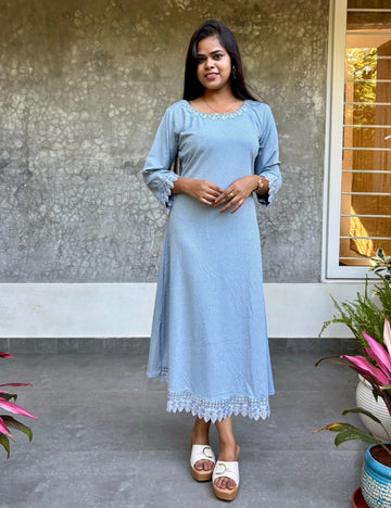Chikankari Worked Rayon Spun Designer Maxi Dress - Pastel Blue