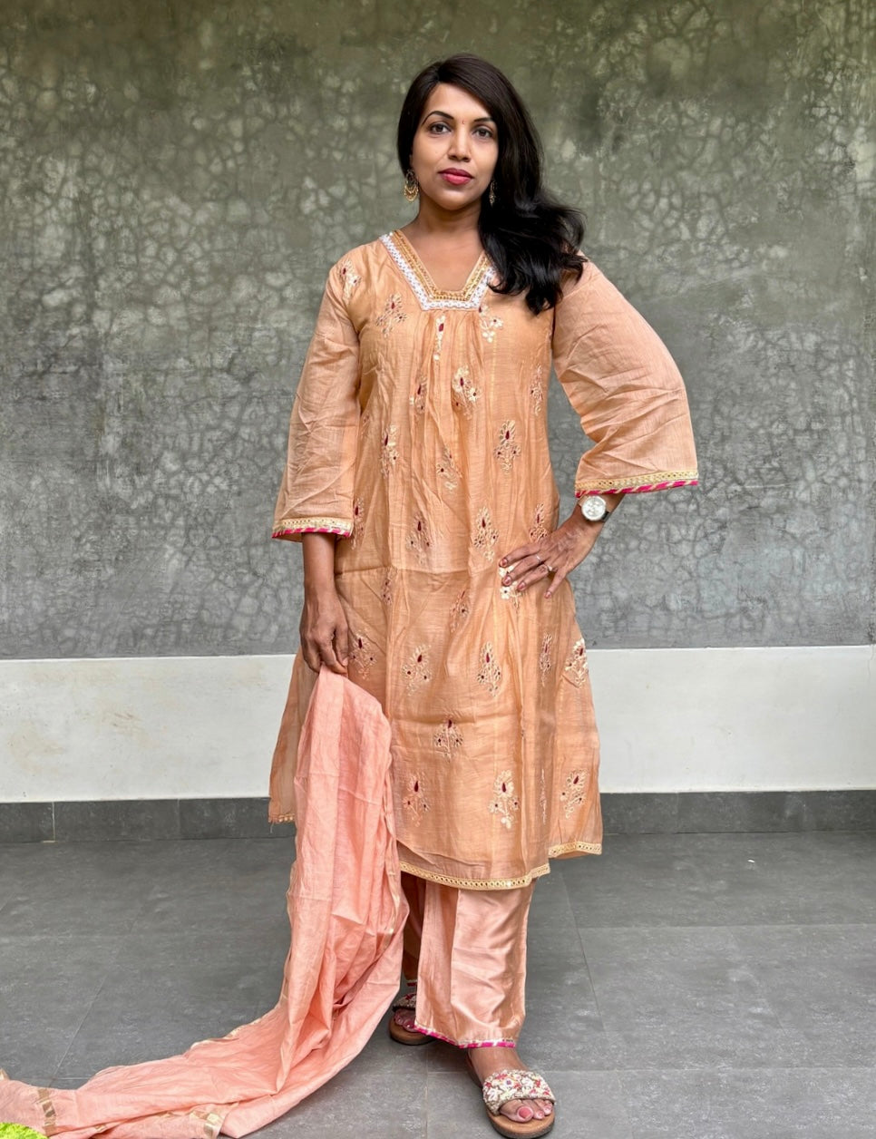 Mul Chanderi Gota Worked Designer Kurta set - Peach