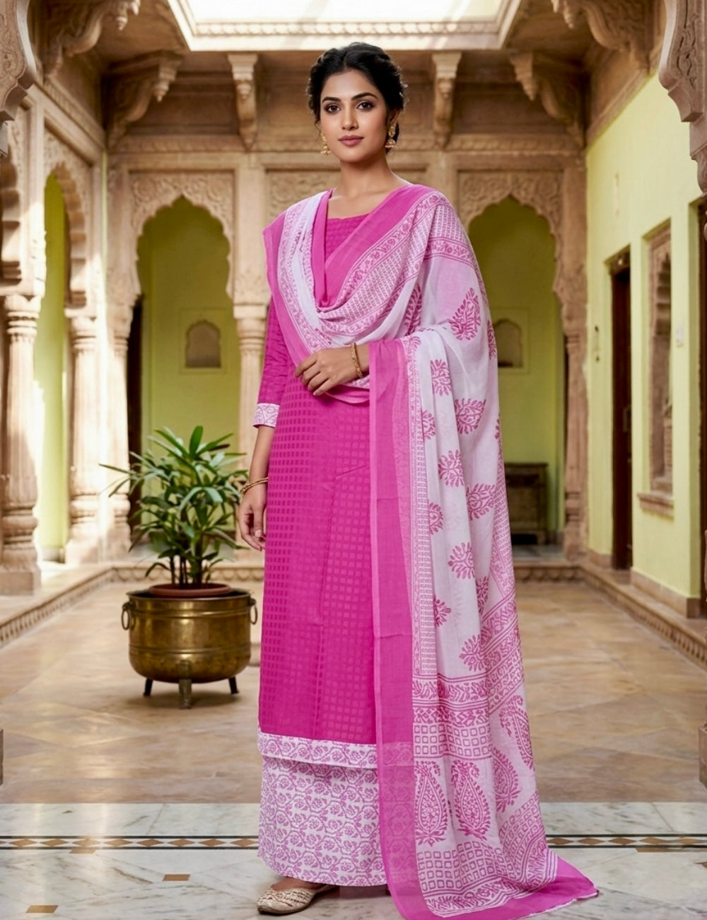 Floral Printed Cotton Unstitched Salwar - Pink