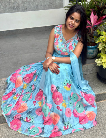 Floral Printed Anarkali Designer Maxi Kurta Set with Chiffon Dupatta - Blue