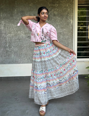 Floral Printed Mul Cotton Skirt with Embroidered Crop Top - Pink