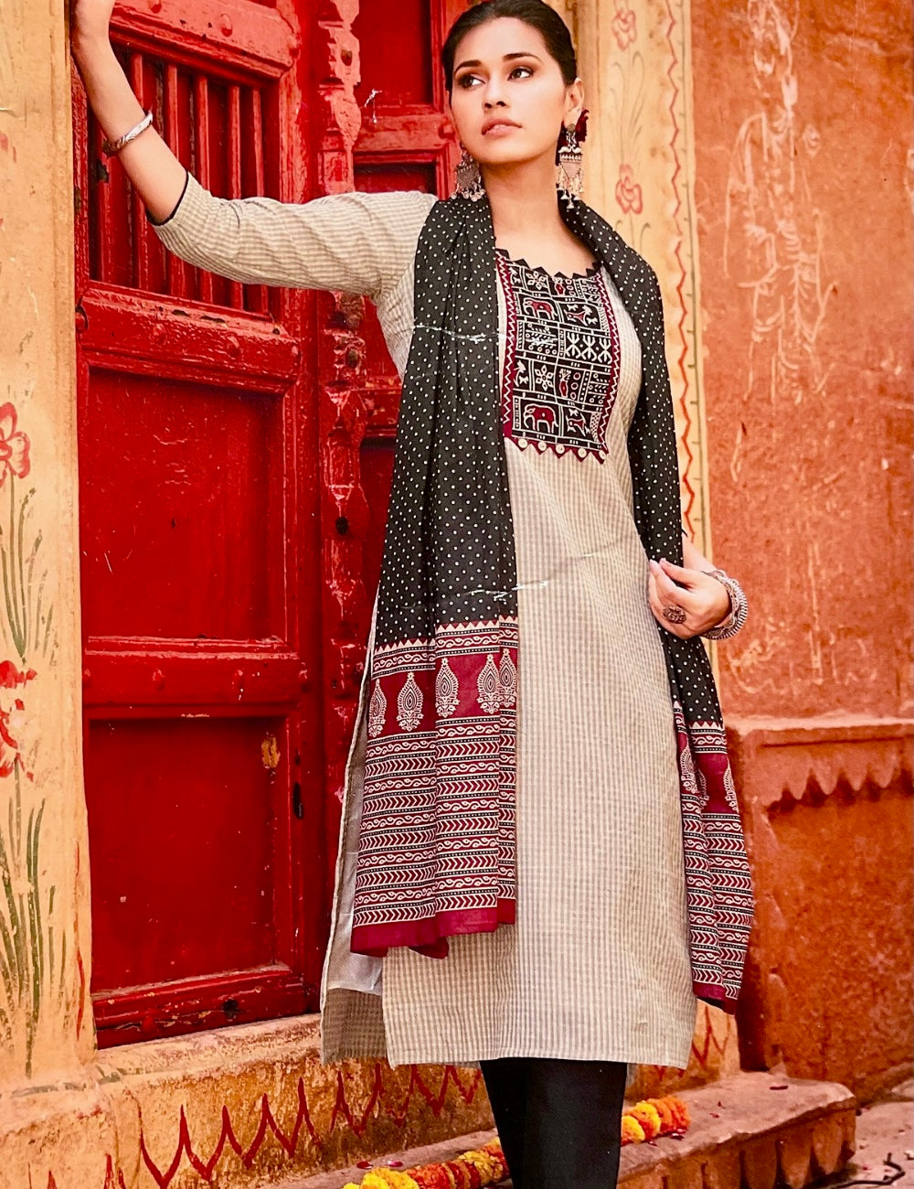 Tribal Art Printed Cotton Unstitched Salwar - Beige