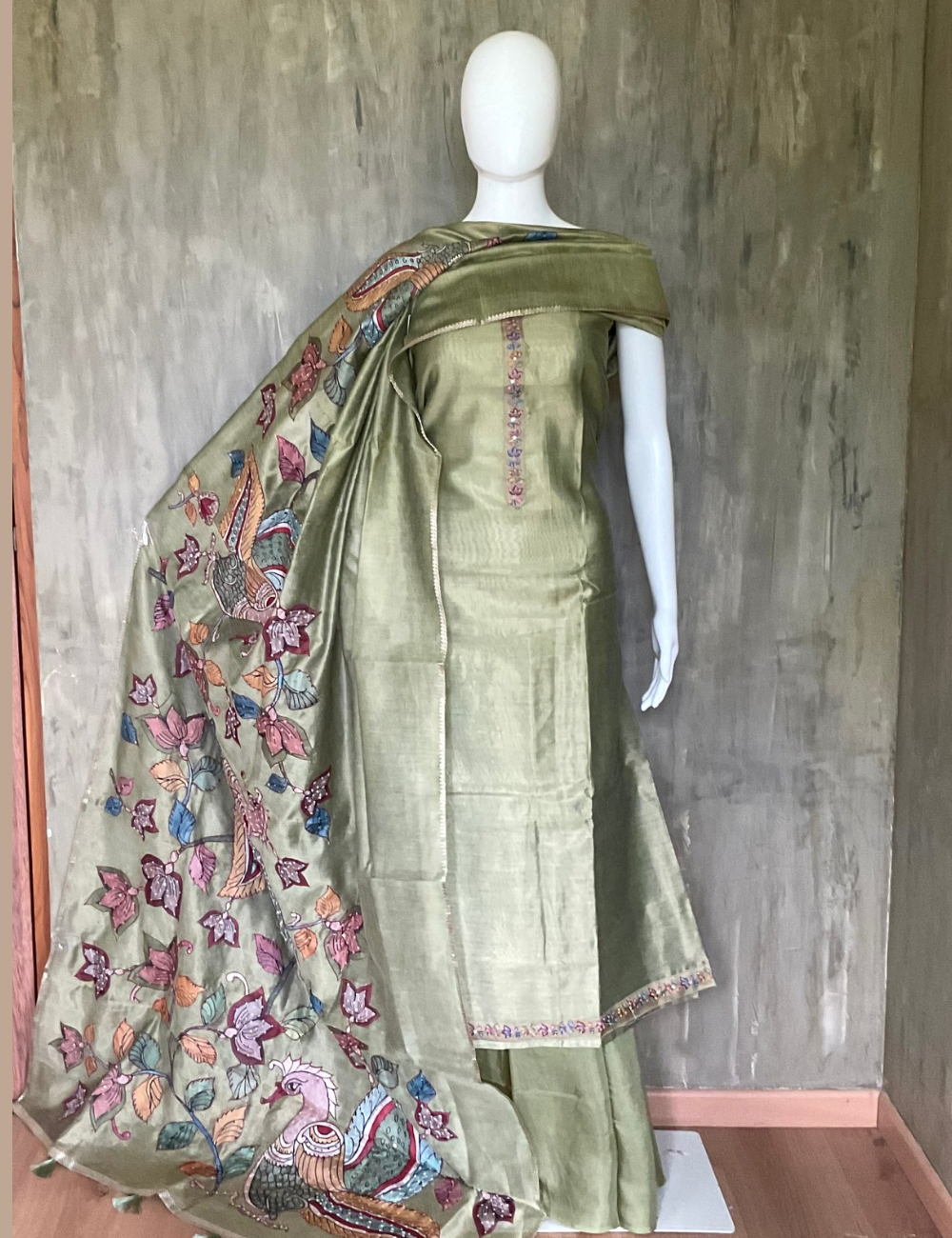 Tissue Silk Kalamkari Patch Work Designer Unstitched Salwar - Green