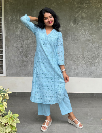Hakoba Cotton Designer Kurta Set with Side Pockets – Sky Blue