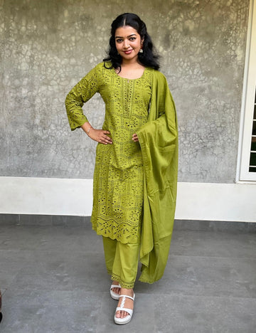 Hakoba Cotton Straight Cut Designer Kurta Set - Olive Green