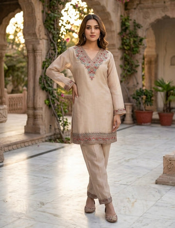 Soft Crushed Tissue Silk Designer Coord Set - Beige