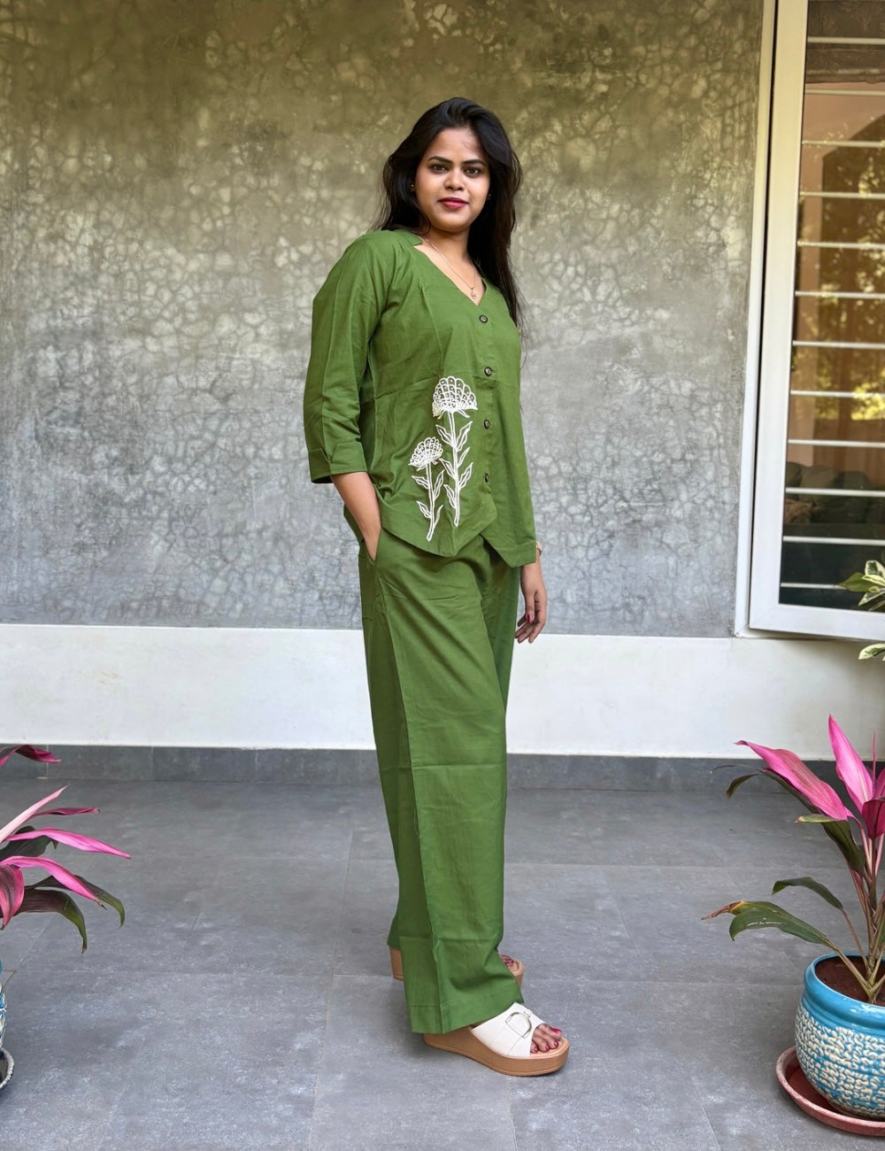Embroidered Pearl Worked Stylish Cotton Coord Set in Waist Coat Style - Green