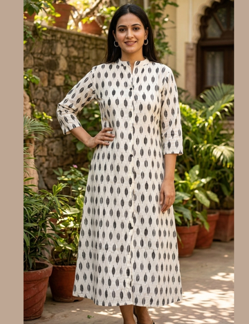 Printed Aline Cotton Kurta - White