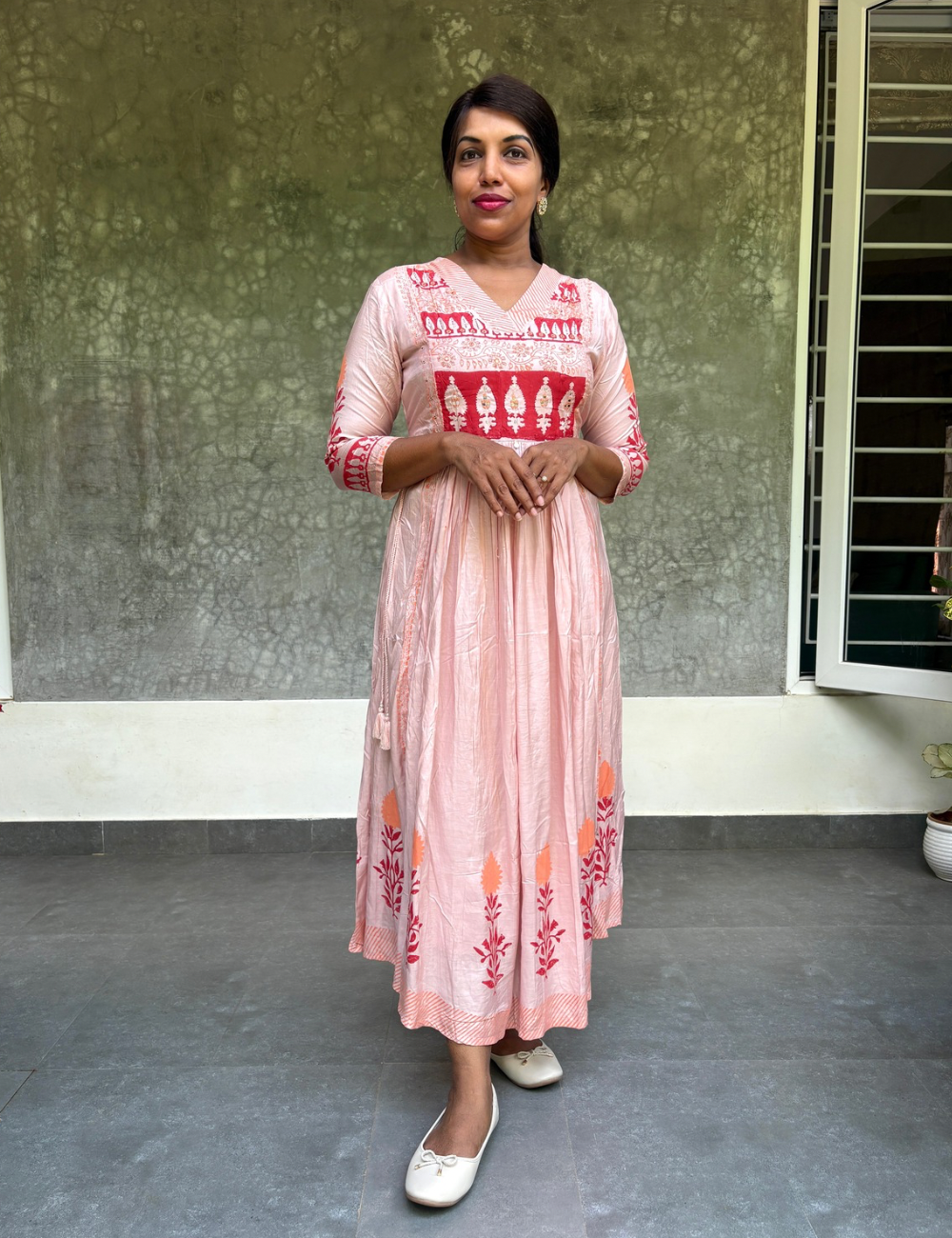 Muslin Silk Hand Block Printed Designer Midi Style Dress - Light Pink