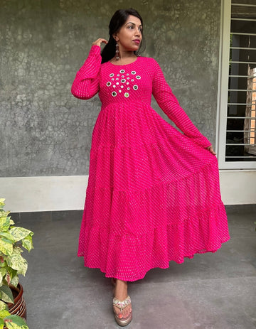 Lehariya Printed Mirror Worked Full Flaired Layered Maxi Dress - Rani Pink
