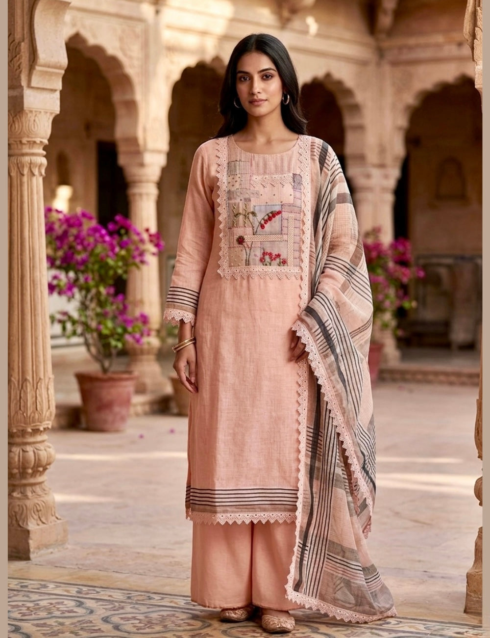 French knot Embroidered Jute Cotton Unstitched Salwar - Peach