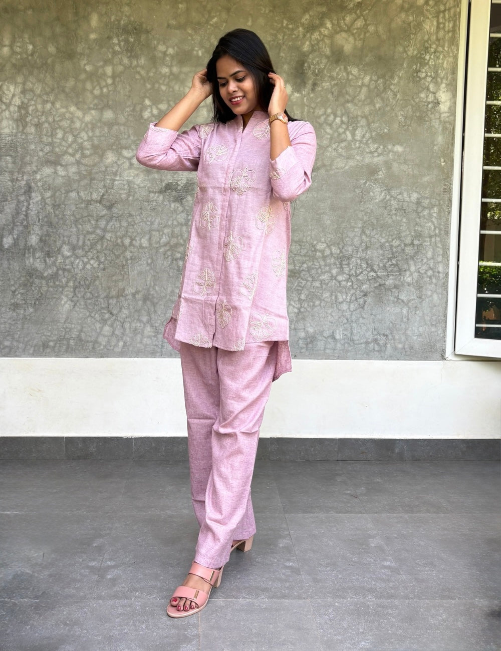 Leafy Thread Worked Trendy Cotton Co-Ord Set - Lavender
